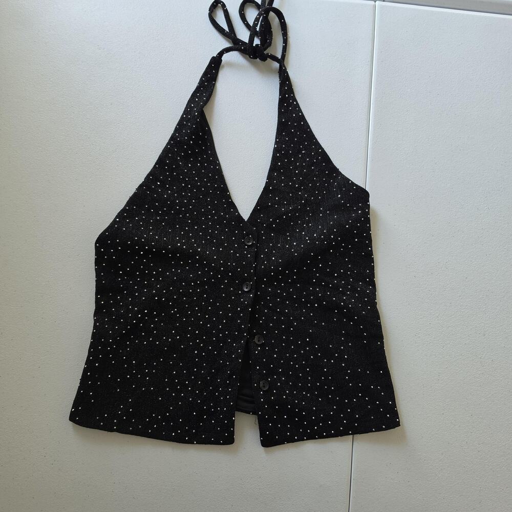 90s Y2K Whimsigoth Punk Halter Top Medium Black Sparkle Dot Party Button